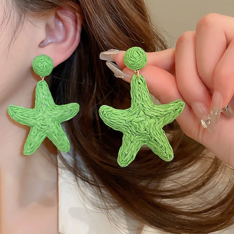 XIALUOKE Vintage Lafite Grass Weaving Colorful Sunflower Starfish Drop Earrings For Women Travel Party Summer Beach Jewelry 250730