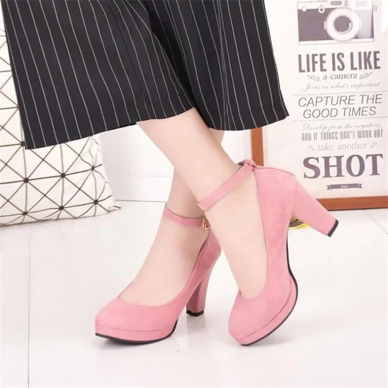 Spring Women Pumps Flock Sweet Thick High Heels Ankle Strap Female Platform Classic Round Toe Dress Cute Shoes Ladies Footwear 250731