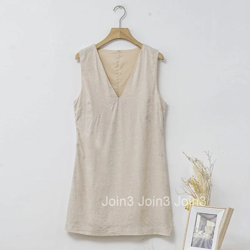 Womens Casual Linen Sleeveless Dress V-Neck Chic Elegant Cotton-Linen Blend Summer Fashion Sexy Chic New Arrival Vestidos