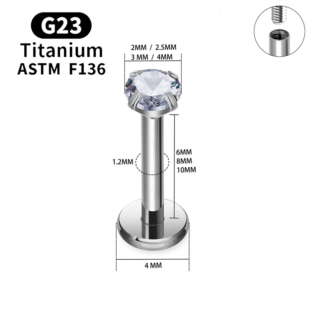 10/50PCS G23 Ttianium Piercing Labret Lip Stud Ring CZ 16G Internal Thread Stud Earring Ear Tragus Cartilage Helix Daith Jewelry 250805