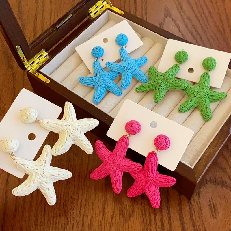 XIALUOKE Vintage Lafite Grass Weaving Colorful Sunflower Starfish Drop Earrings For Women Travel Party Summer Beach Jewelry 250730