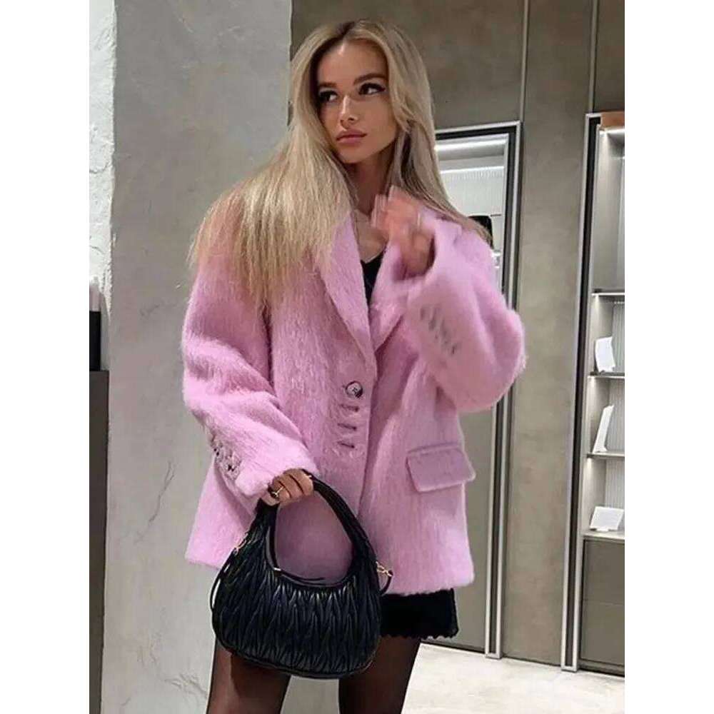 Pink Lapel Woolen Plush Coats Women Elegant Long Sleeve Button Office Lady Blazer Jacket Winter Fashion Packet Loose Coat