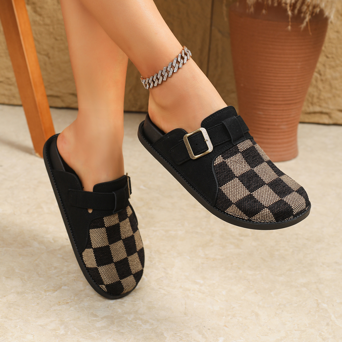 Slippers Women's Checkerboard Print Mules - Casual Buckle Strap Slip-On Shoes with Multiple Colors