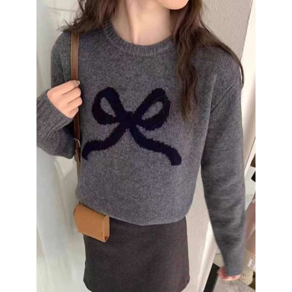 Foreign Style Bow Jacquard Pure Wool Long Sleeve Crew Neck Pullover Sweater Women's Loose Bottom Cashmere Knit Top 250806