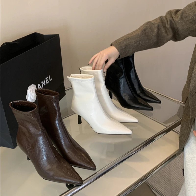 2025 Spring Pointed Toe Women Modern Ankle Boots Fashion Soft Leather Short Booties Concise High Heels Shoes 250731