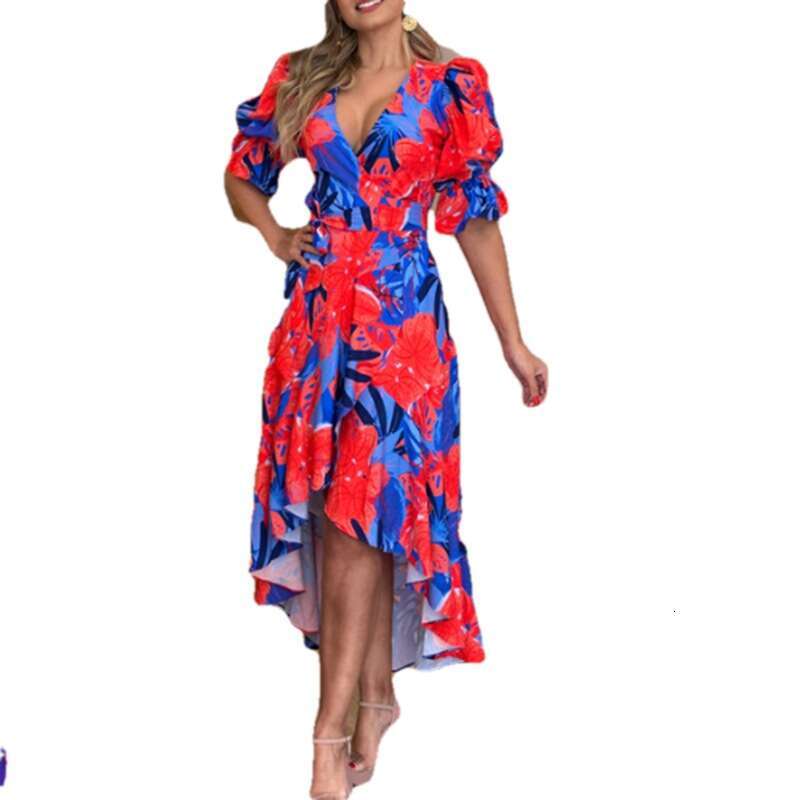 Summer New Women's Fashion Slim Waist Printed Stylish V-Neck Casual Dress 661 B5