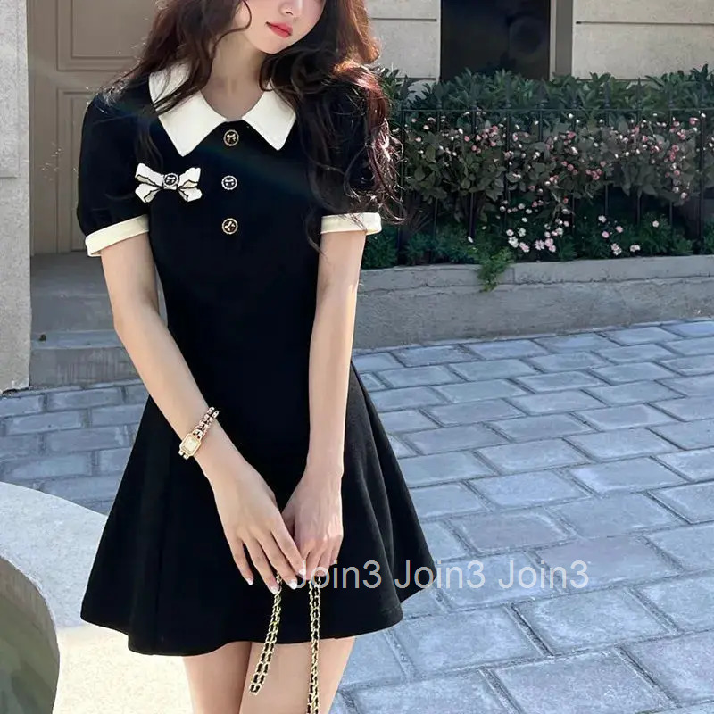Sweet Japanese Style Small Fragrance Summer New Dresses Women Polo Collar Patchwork Button Bow Short Sleeves Slim Midi Dress