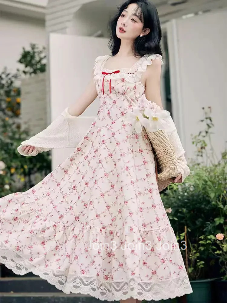 Summer Lovely Sweet Lace Print 2-piece Set Dress Women Design Chic Sling Pretty Dresses Casual Elegant New Knit Cardigan