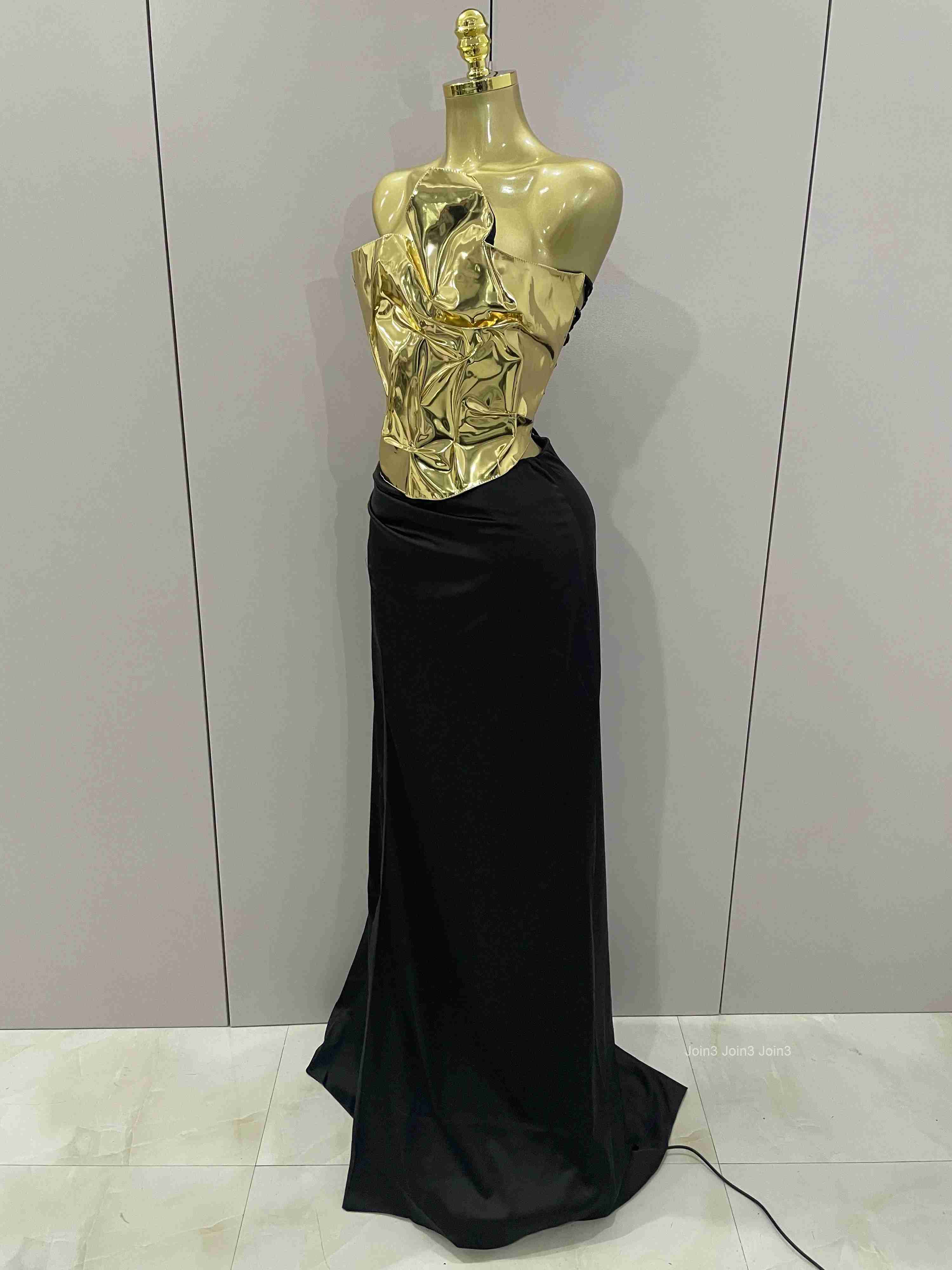 New Arrival Gold Color Sexy Laced-up Tops 2 Pieces Set Long Dress Women Celebrate Evening Party Celebrity Elegant Dress