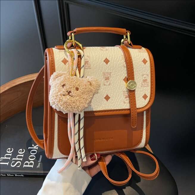 Chic Patterned Mini Backpack with Teddy Charm - Adjustable Straps, Multiple Compartments, Ideal for Teen Girls and Young Women
