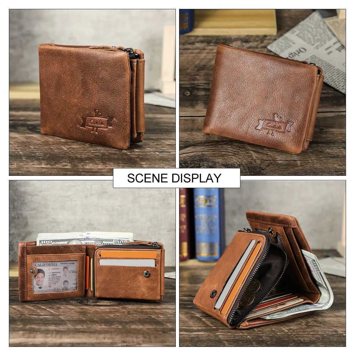 CONTACTS Genuine Crazy Horse Leather Men Wallets Vintage Trifold Wallet Zip Coin Pocket Purse Cowhide Leather Wallet For Men XJ250806