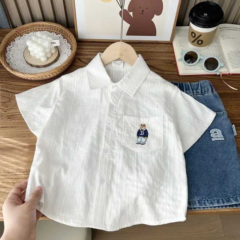 2024 Korean Boys New Summer Short Sleeve Stylish Loose Casual Polo-Neck Button Screw Thread Cartoon Embroidery Shirt Tops X250806