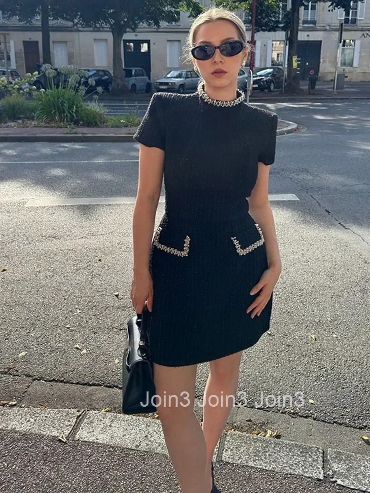 New Elegant Glittery Spliced Beaded Mini Dress Women Elegant Mock Neck Short Sleeve High Waist Dresses Female Party Gown