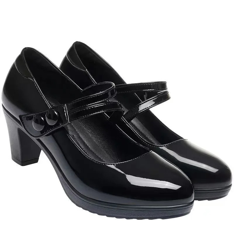Fall 2025 Womens Low Cut Single Shoes High Heel Buckle Strap Thick Heel Qipao Show Mom Shoes round Toe Rubber Outsole PU Leathe 250731