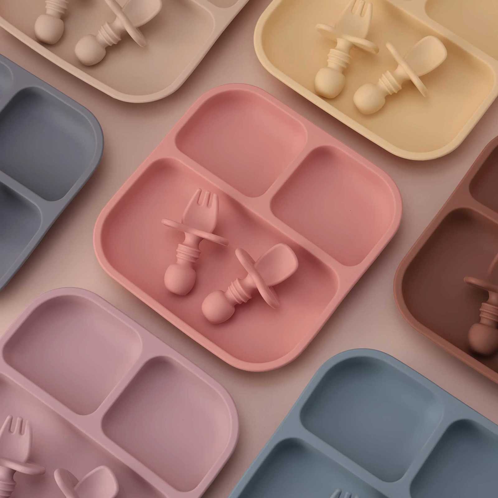 1Set BPA Free Silicone Baby Feeding Set Square Shape Suction Plates Training Fork Spoon For 0-6 Years Kids Weaning Tableware X250806