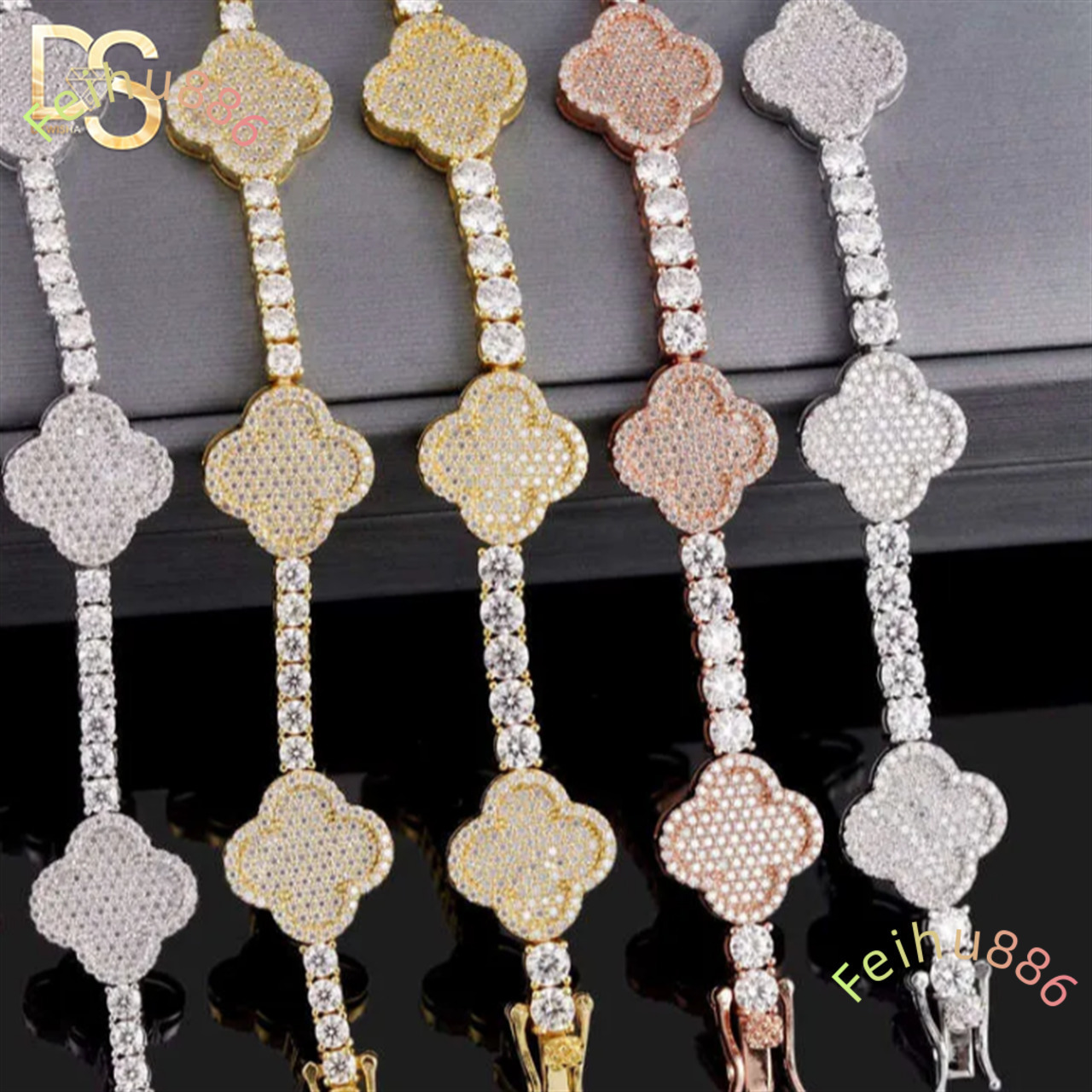 925 Sterling Silver Moissanite Diamond Tennis Bracelet Four-leaf Clover Flower Men and Womens 3MM/4MM Tennis Chain Jewelry