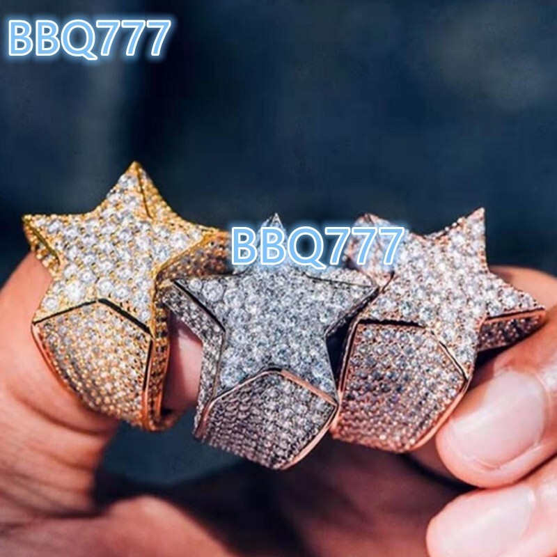 HanHan European and American Five-Pointed Star Full Ring Mens Micro Zircon Hip Hop Trend Ring Fine Jewelry