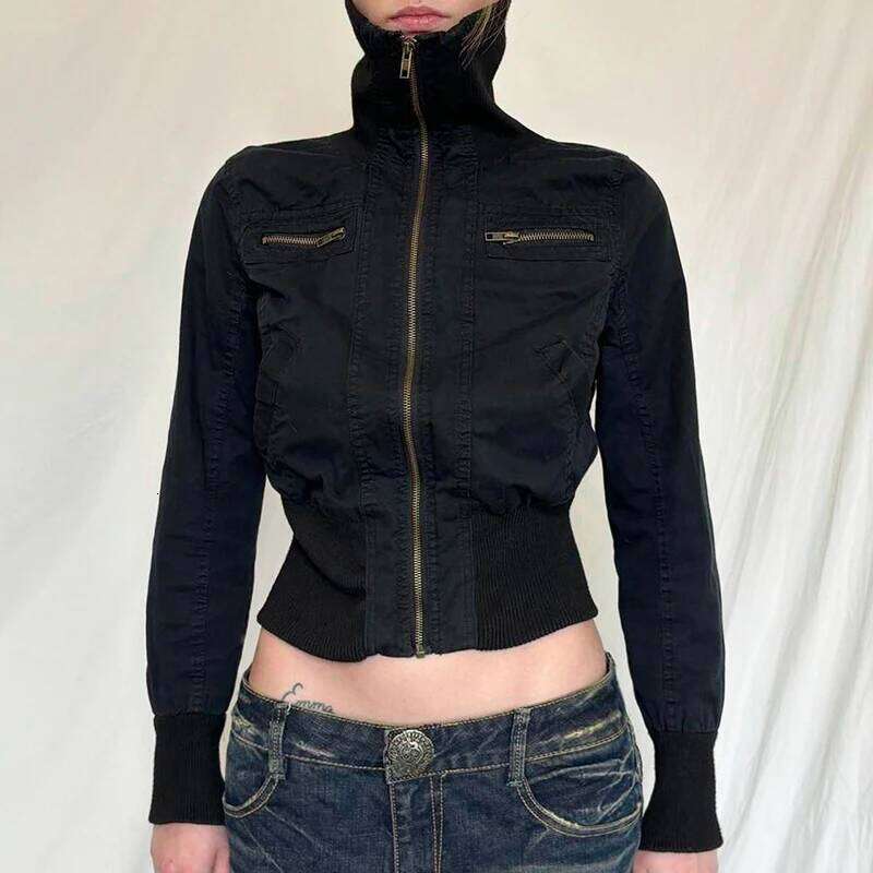 hoodie Streetwear Black Zip Up Jacket Autumn Winter Turtleneck Full Sleeve Cropped Jackets for Women y2k Vintage Ladies Outwear jacket2141