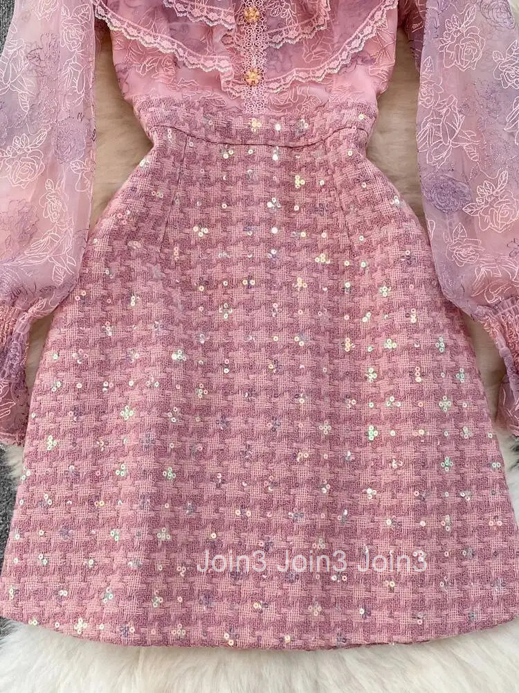 Autumn Luxury Flower Embroidery Mesh Patchwork Sequined Tweed Dress Women Ruffled Petal Sleeve Bow A Line Short Party Dresses