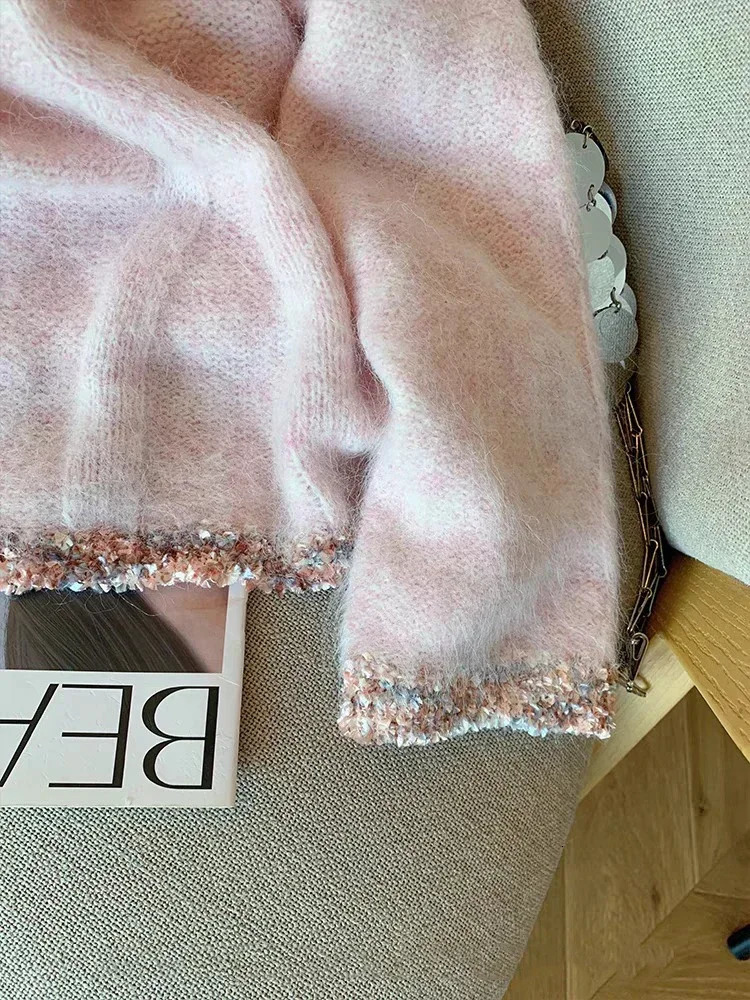 Contrast Knitted Sweater Woman 2025 Outerwears Casual Loose Round Neck Pullovers Sweet Lazy Ropa Mujer Autumn Winter Clothes 250804