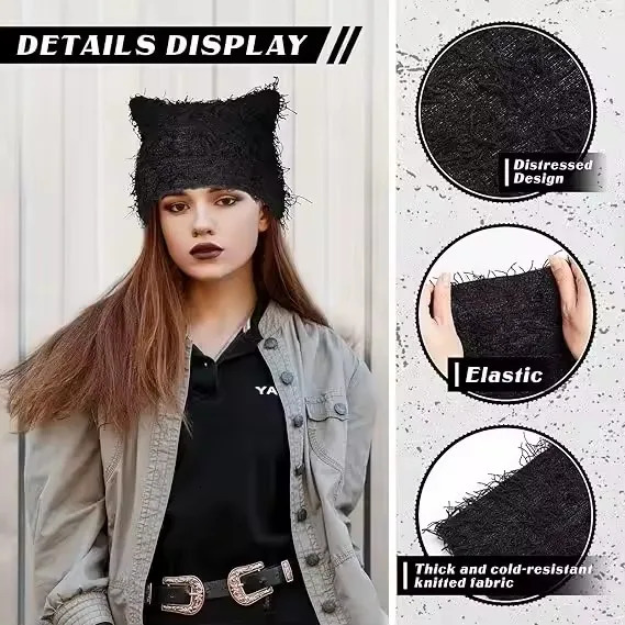 Hip Hop Distressed Knitted Caps Unisex Winter Y2k Cat Ears Little devil Beanies Outdoor Fuzzy Thick Warm Balaclava Hat 250806