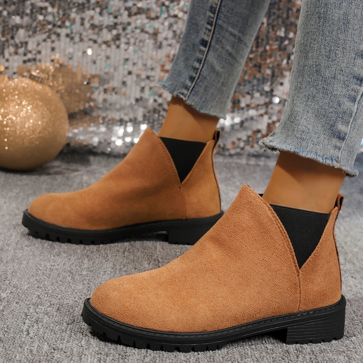 Womens Casual Fashion Round Toe Chunky Heel Suede Ankle Boots With V-cut 7cm Heels For Work And Anti-slip Outfits 250805