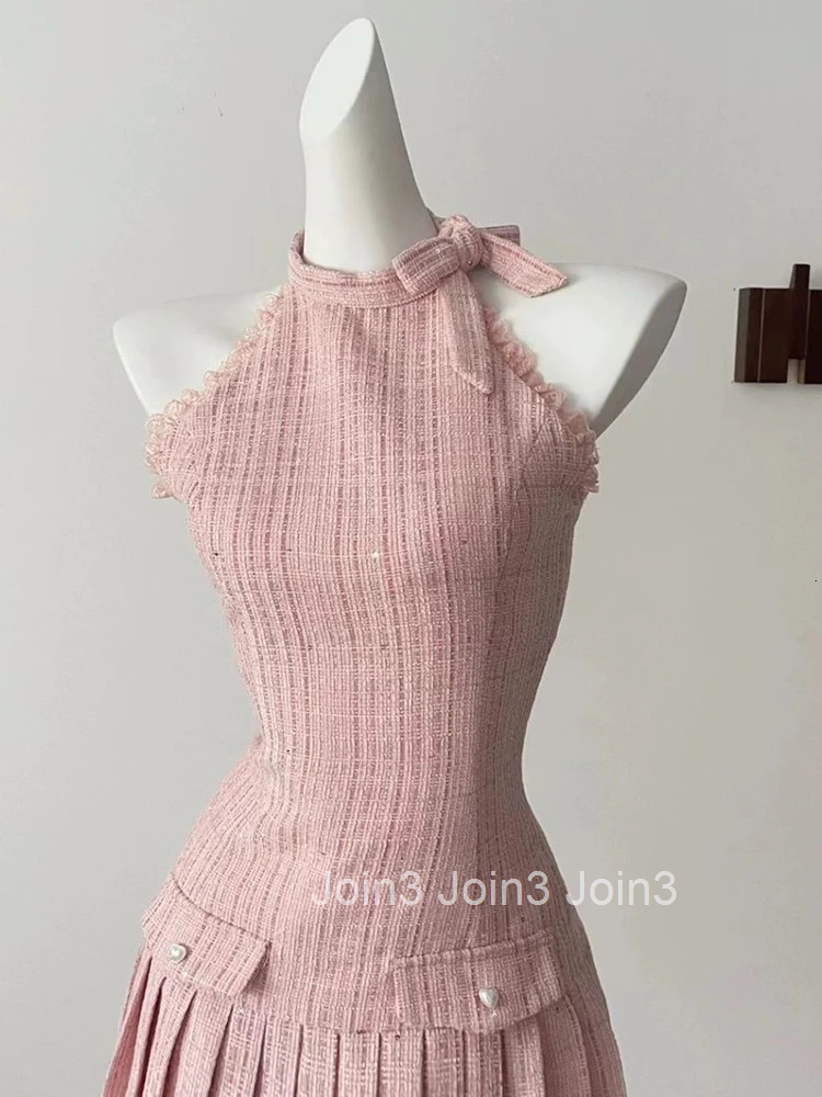 Elegant French Small Fragrant Halter Dress Frocks Robe Tide Patchwork Bow Slim Girl Sweet Fashion A-Line Mini Dress