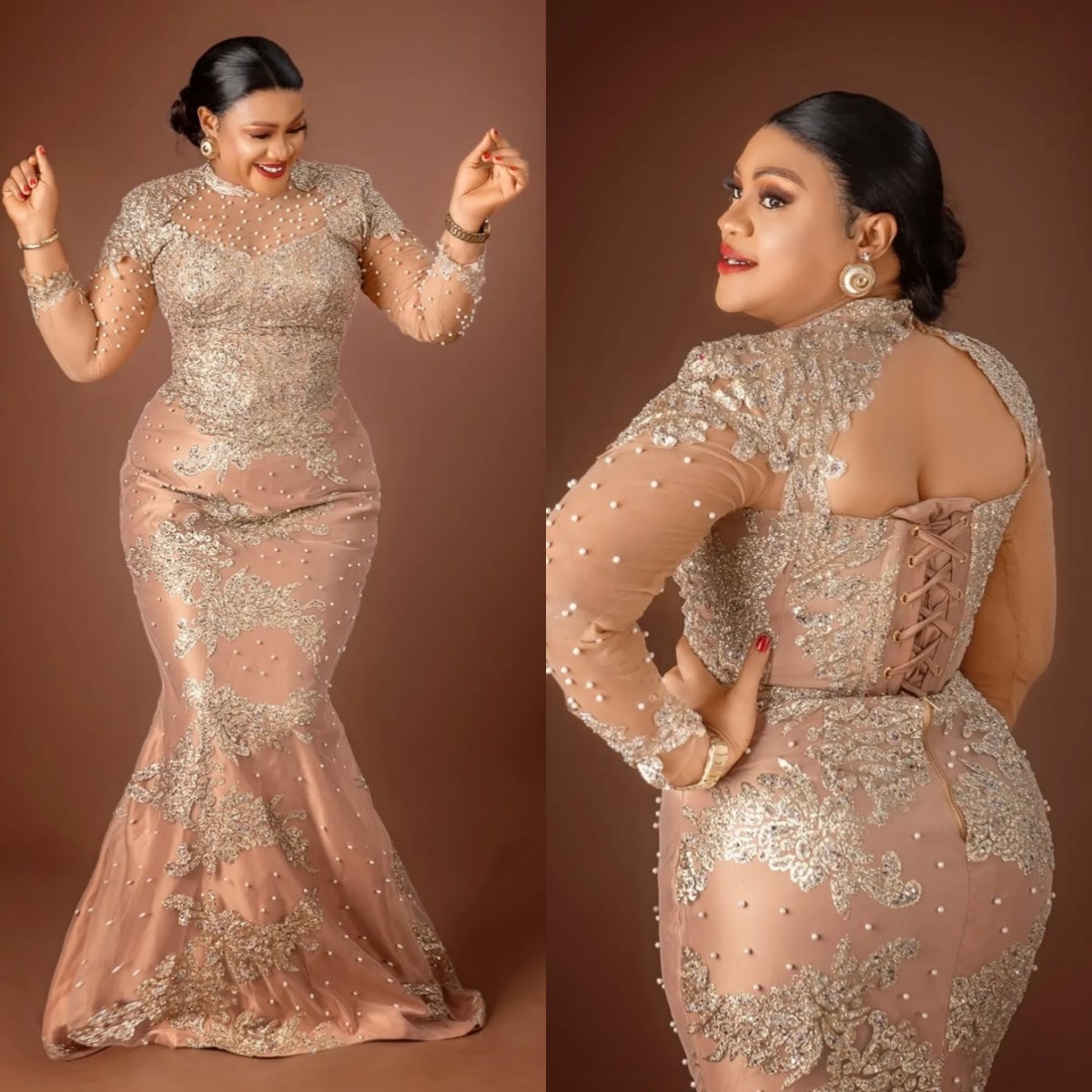 Plus Size Pearls Mermaid Wedding Dresses Appliques O Neck Long Sleeve Bride Dress Lace Up Floor Length Bridal Dress Customized