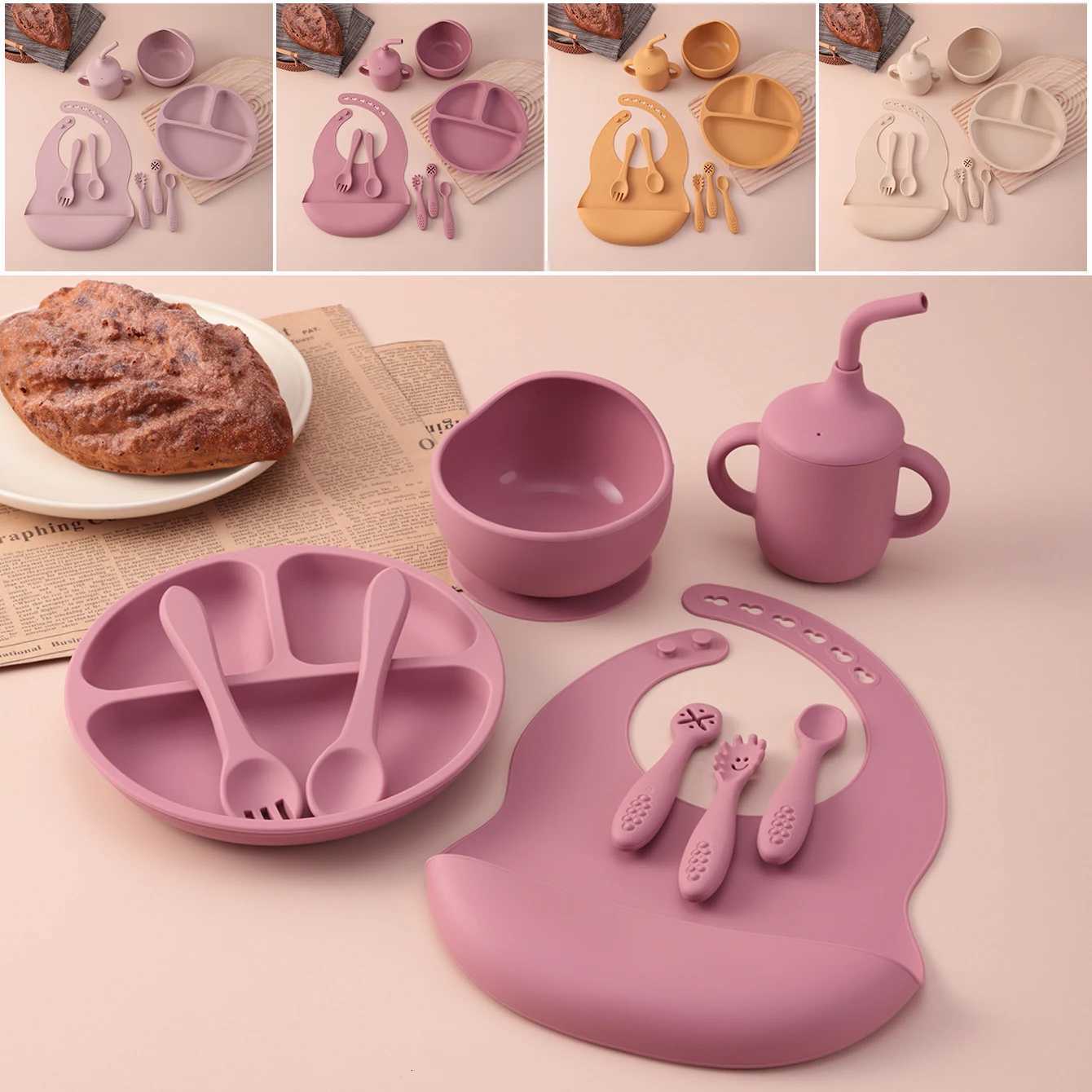 9PCS Baby Feeding Set Silicone Bowl Dishes Plate Waterproof Bib Suction Utensils Sippy Cup BPA Free Toddler Tableware X250806