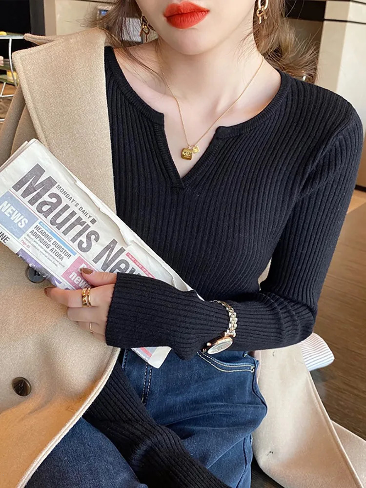 2025 Autumn Winter Women Sweater Solid Rib Knit V Neck Stripe Pull Femme Y2k Long Sleeve Pullover Tops Fashion Clothes 250806