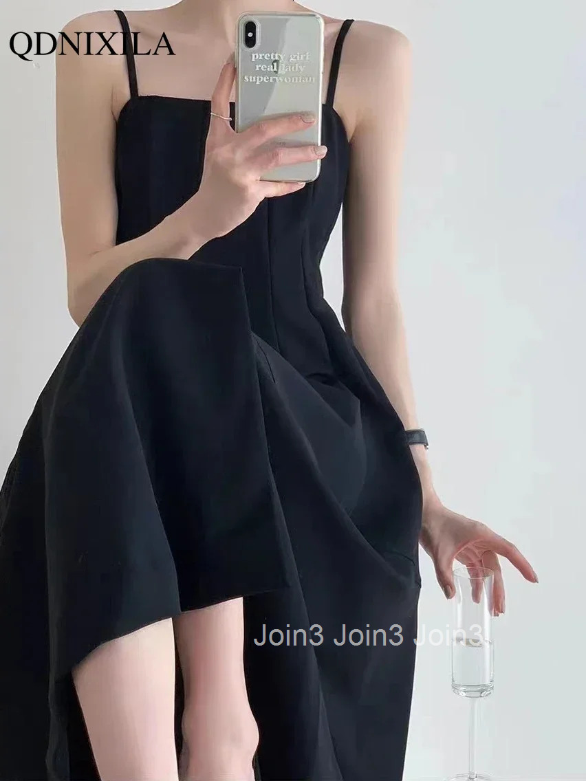 Elegant French Black Spaghetti Strap Dress Audrey Hepburn Style High Waist Slit Midi Dress for Women Sexy Summer Party Outfit