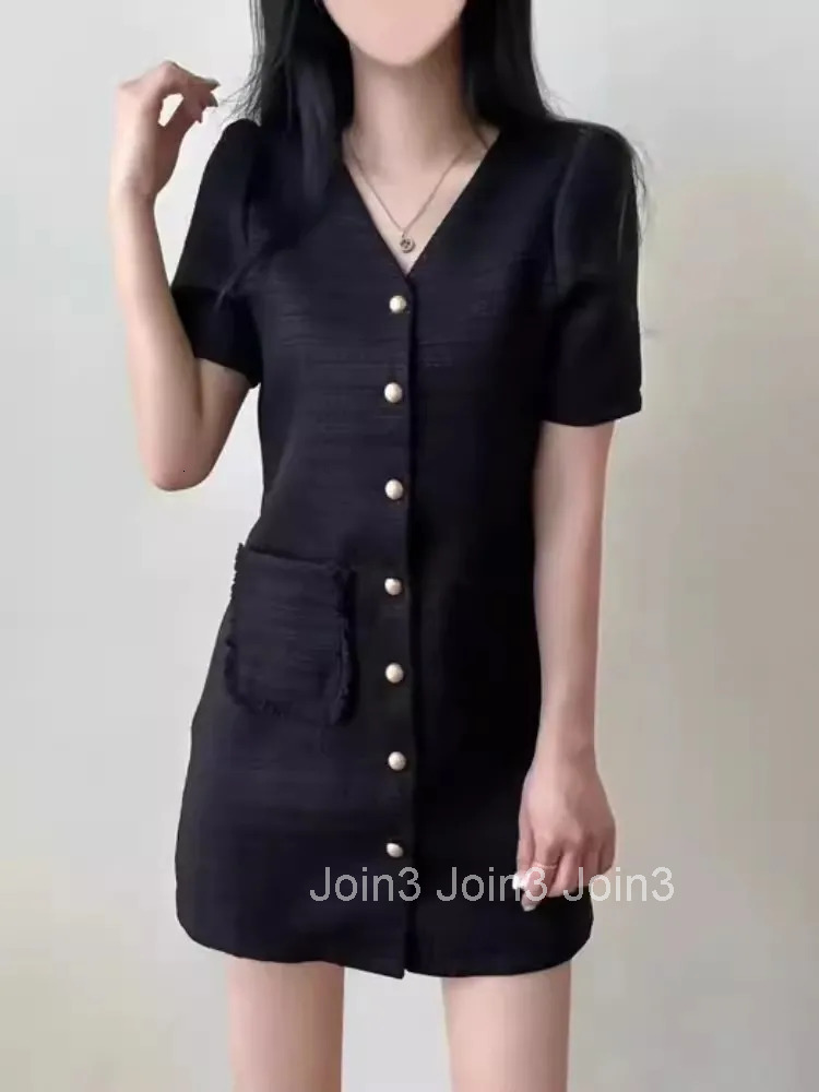 Womens Single Breasted Fragrant Chic Summer Temperament V-Neck Coarse Tweed Short Sleeved Dress