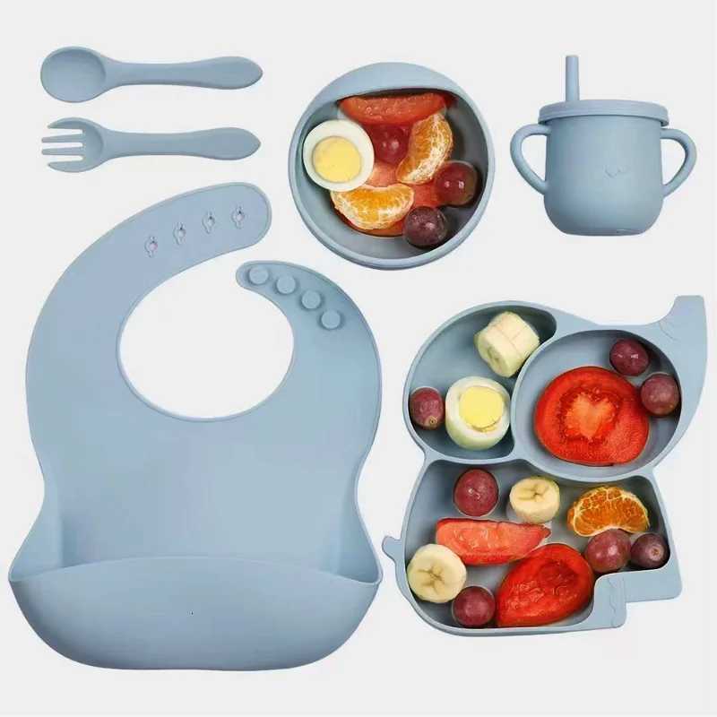Silicone Baby Feeding Set Soft Silicone Sucker Plate Bowl Elephant Plate Personalized Name Feeding Bib Apron Childrens Dishes X250806