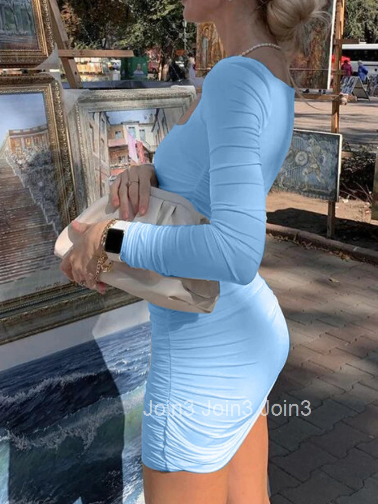Elegant Square Collar Long Sleeves Folds Slim Bodycon Dress Women Solid Color Skinny Mini Dress Sexy Club Party Vestidos