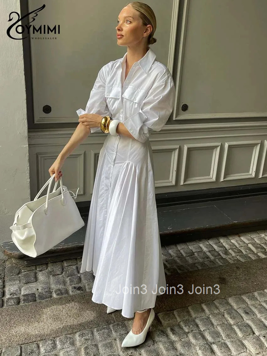 Elegant White Lapel Womens Dress Fashion Three Quarter Sleeve Pockets Dresses Casual Button Pleated Ankle-Length Dresses