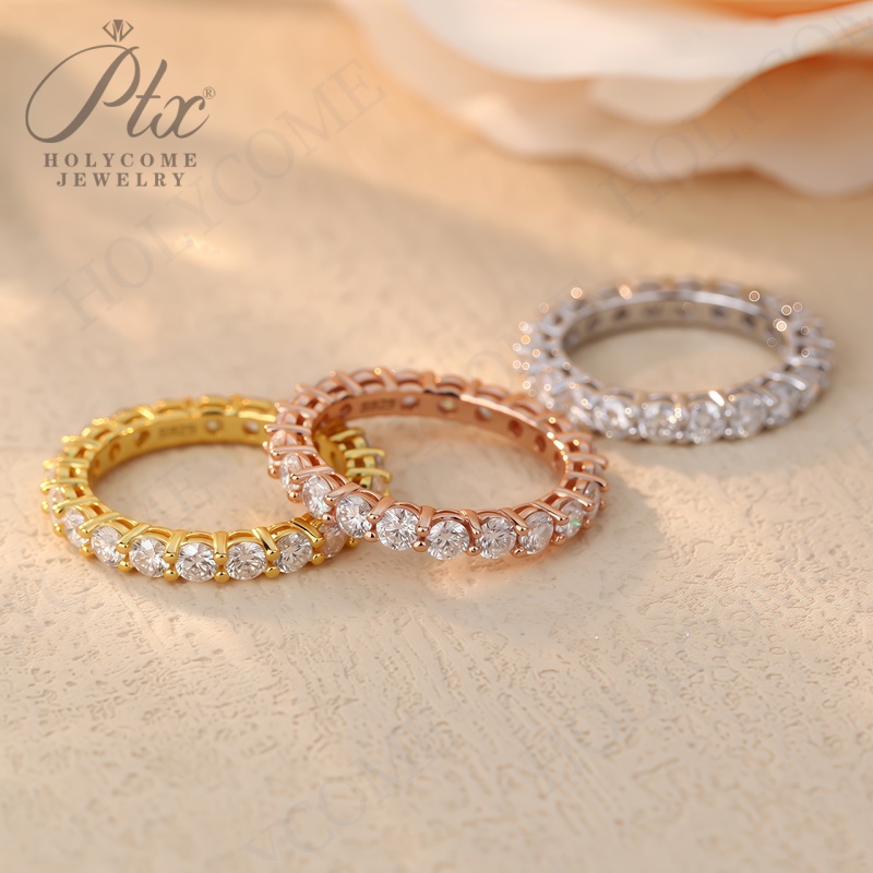 Fashion 3mm D Color Full Moissanite Row Rings For Women S925 Sterling Silver Eternity Bands Gold Plated Sparkling Wedding Rings Fine Jewelry