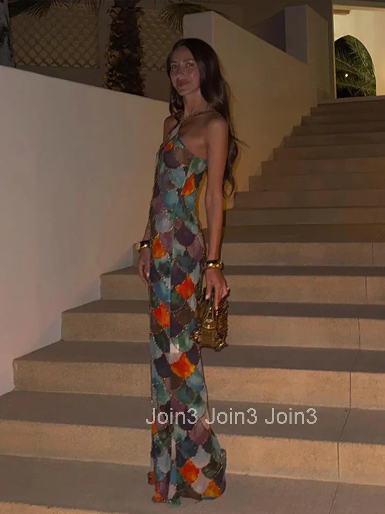 Fashion Scale Print Halter Long Dress Women Sleeveless Backless Sexy Hip Package Maxi Dresses Summer Autumn New Lady Robes