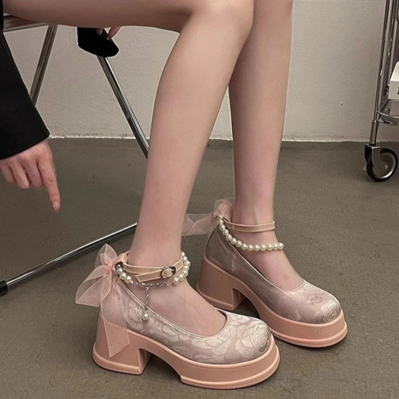 Woman Pumps 2025 Summer Pink Kawaii Cute Pearl Lolita High Heels Round Toe Platform Mary Jane Shoes for Women 250731