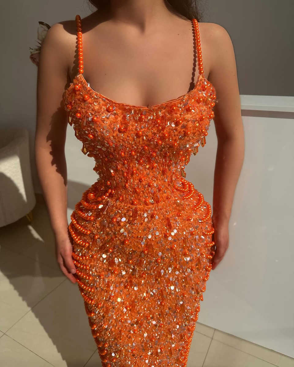 New Elegant Orange Sequins Lace Mermaid Evening Dresses Strapless For Women Beaded Prom Dress Party Gown Customized Vestido de novia