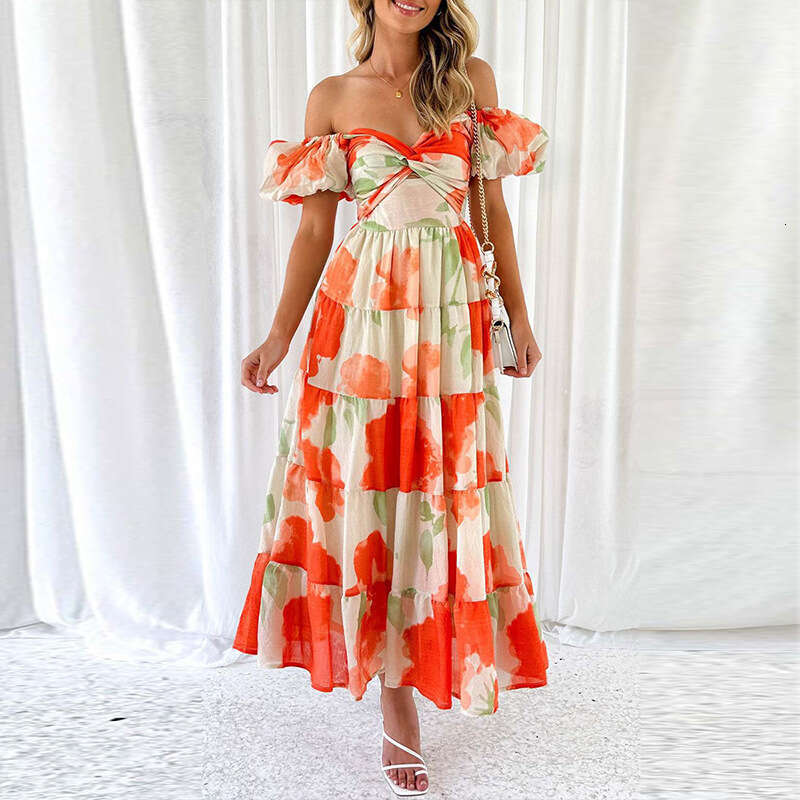 New Women's Fashion Elegant Sweet Off-Shoulder Printed Puff Sleeve Dress B5