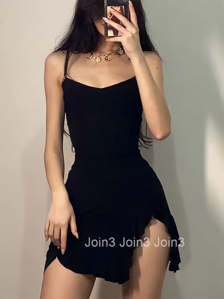 Summer Sexy Womens Sleeveless Mini Dress Backless Strap Black Bodycon Split A-Line Elegant Streetwear Party Wear