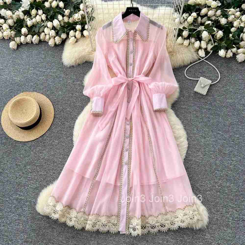 Vintage Elegant hollow out lace Dress Chic A-line Fashion Spring Long Sleeve Vestidos Women Dress