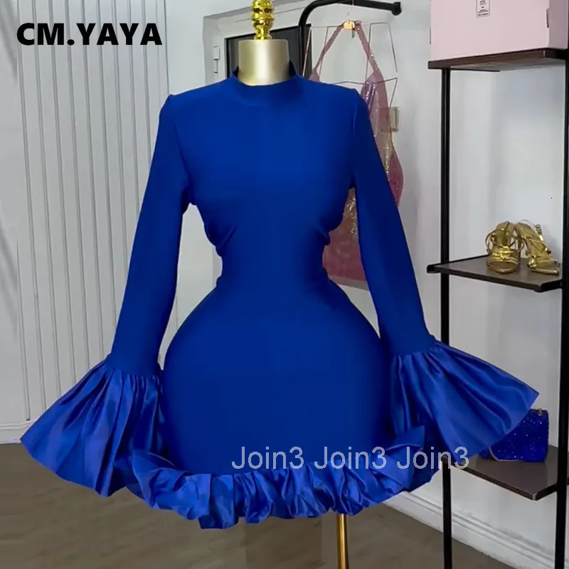 CM.YAYA Women O-neck Long Flare Sleeve Ruffles Mini Dress Spring Sweet Sexy Birthday Evening Night Party Vestidos Dresses