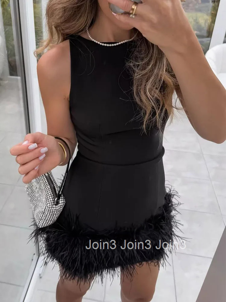 TFMLN New Elegant Women Feathers Mini Dresses Sexy Slim Sleeveless Chic Party Dress Fashion Back Zipper Dress