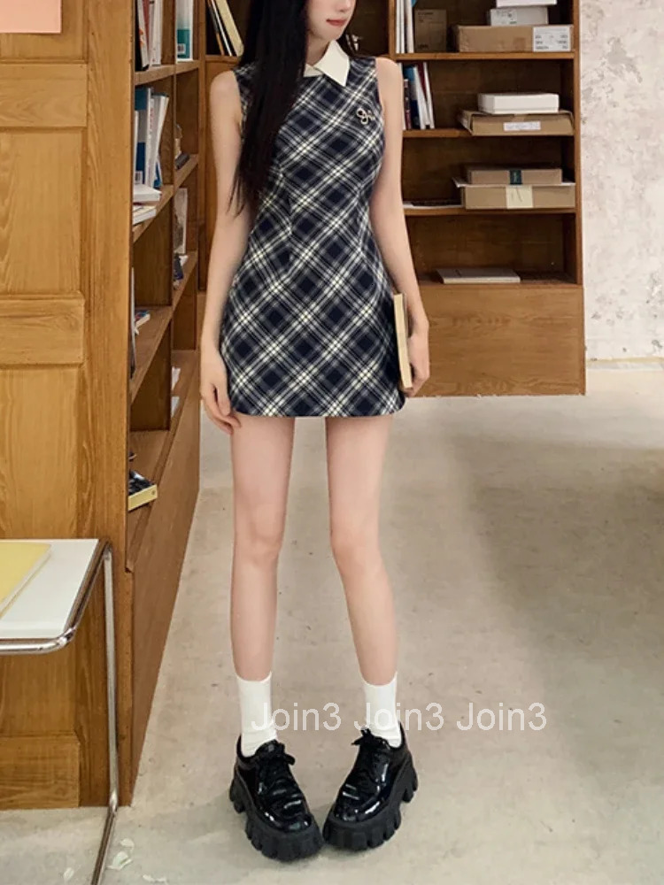 Summer Sweet Print Plaid Dress Women Elegant Sexy Sleeveless Strap Dress Female Korean Fashion Design Kawaii Lace Dress New