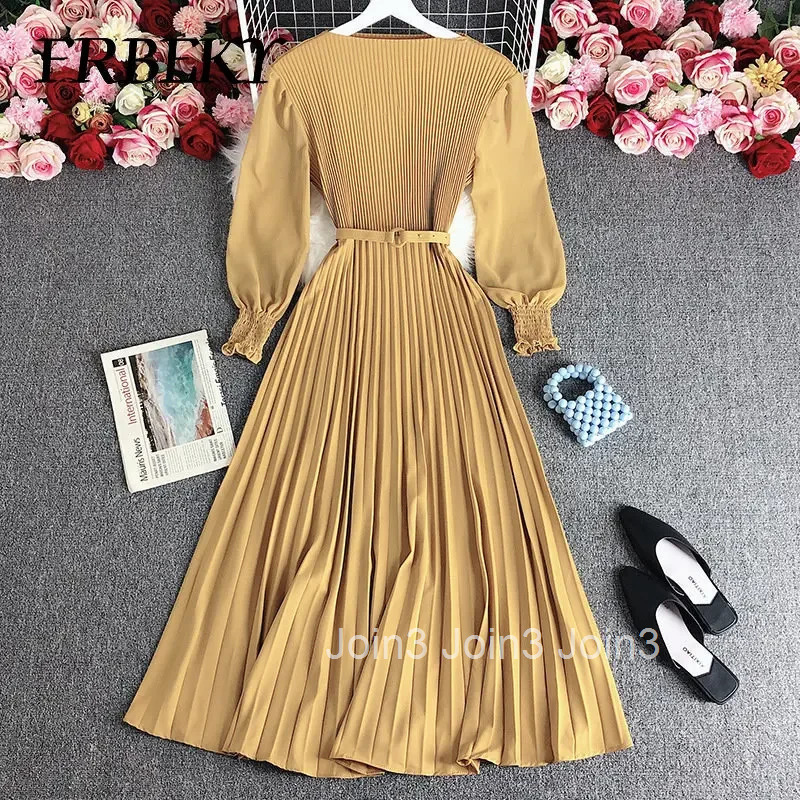 Pleated Dresses New Fashion Waist Slimming Temperament French Dress Elegant Long Sleeve Pleated Waistband Romper Evening Dresses