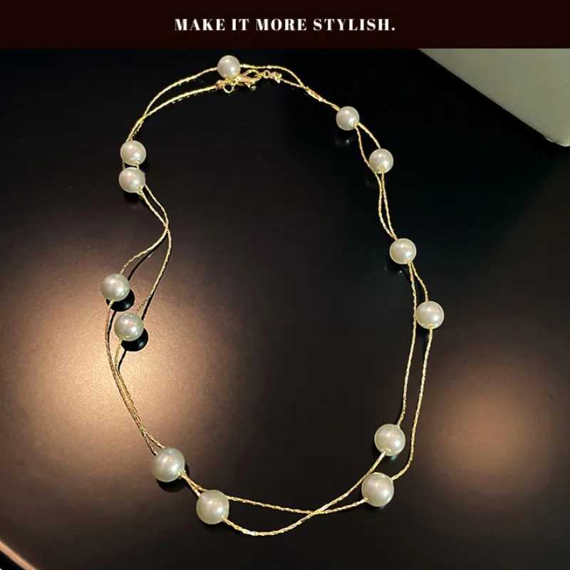 Korean Double-layered Pearl Necklace Personalized Fashionable Womens Clavicle Beaded Necklace Holiday Banquet Girl Jewelry Gift Y250805