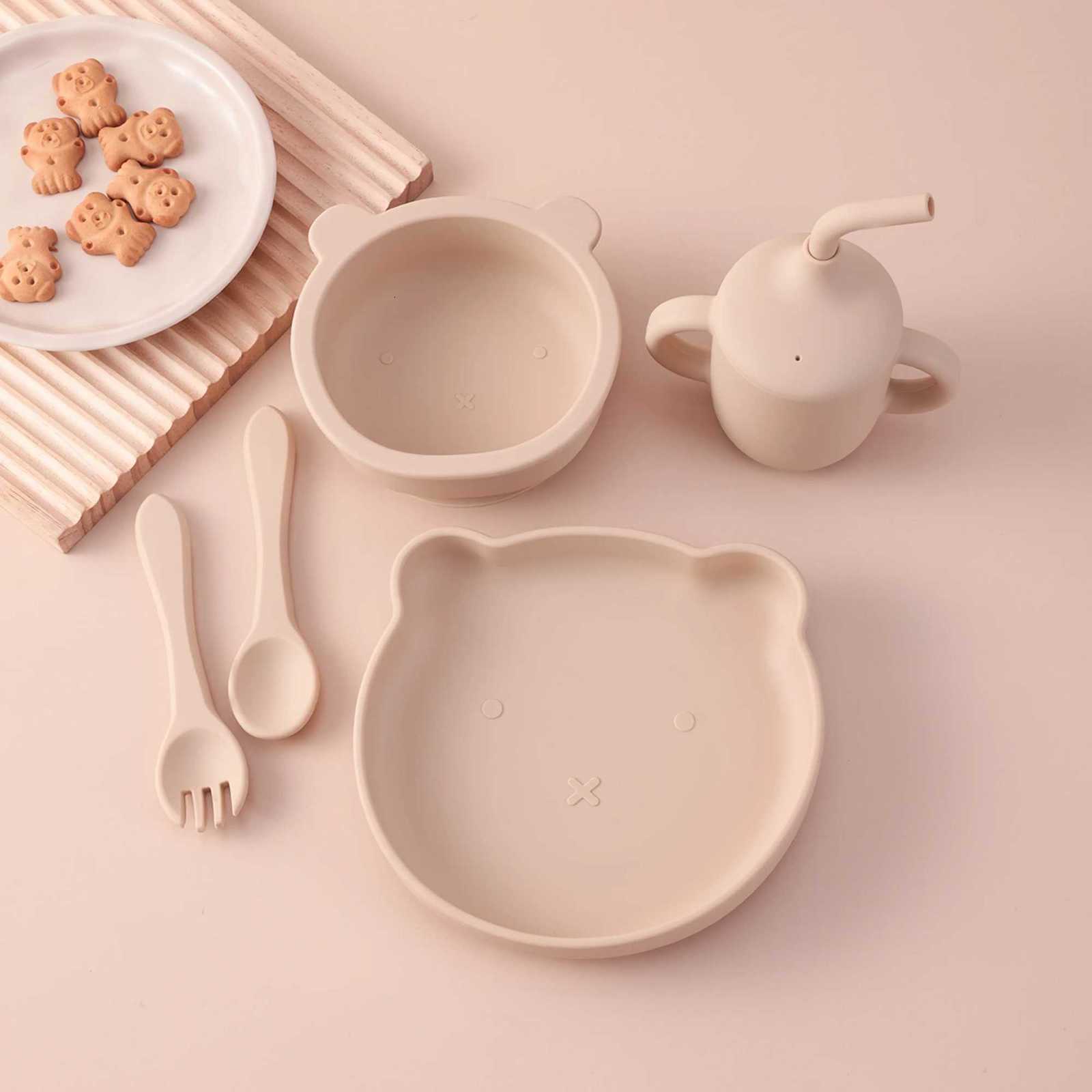 5PCS Silicone Baby Feeding Set Bear Plate Suction Bowl Spoon Straw Cup Toddler Self Feeding Essentials BPA Free Baby Supplies X250806