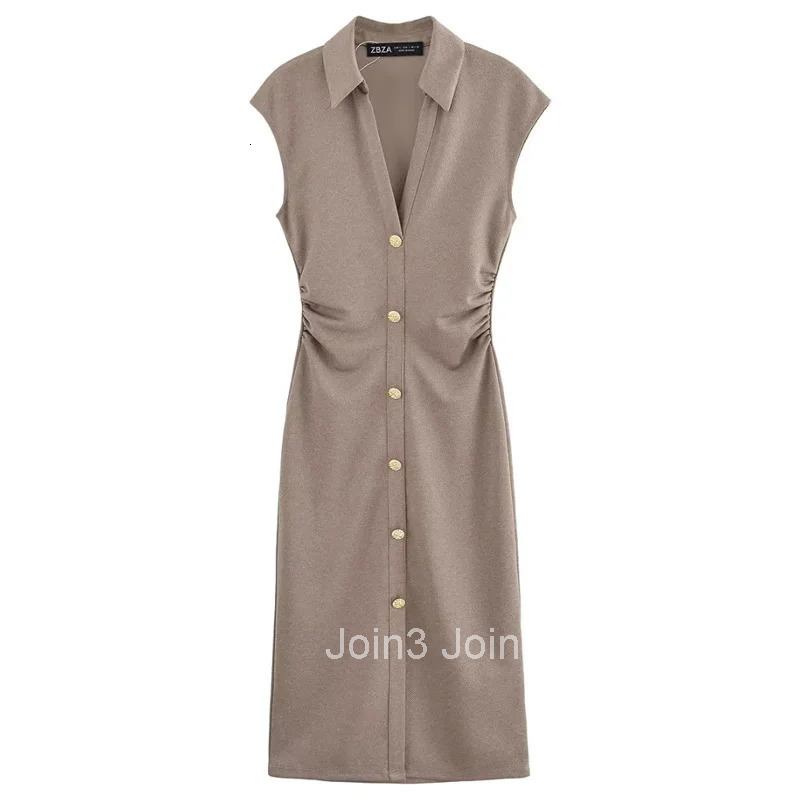 TRAF Sleeveless Solid Long Dresses Woman Summer Ruched Elegant Party Dresses Bodycon Shirt Midi Dress Office Holiday Dress