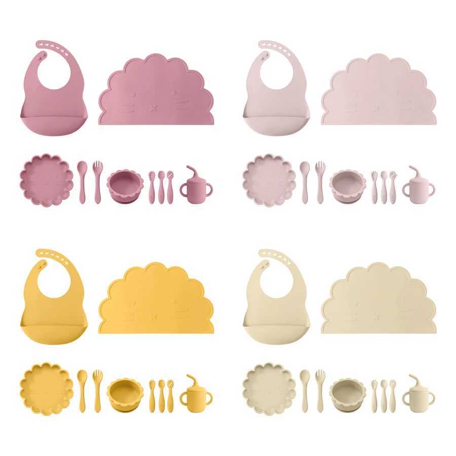 Color Kids Silicone Baby Feeding Set Cartoon Lion Shape Dishes Plate Sucker Spoon Fork Portable Bib Cup Placemat Baby Dinner Set X250806